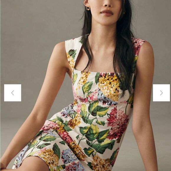 By Anthropologie Slim Square-Neck Sheath Midi Dress Hydrangea Print size 2 - Picture 5 of 8